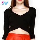 Women Fashion Casual Cotton Blouse Ladies Clothes V-neck Women Black Crop Top