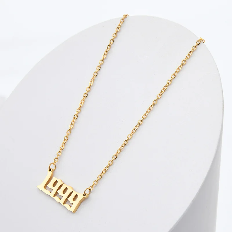 stainless steel gold old english necklace birth year 1990-2000 old english letters numeral year necklaces wholesale