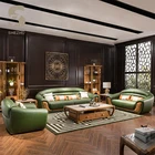 Sofa Set Living Room Wooden Sofas Solid Zebra Wood Frame Design Pure Leather Sofa Wholesale Living Room Luxury Sofa Green Genuine Leather Sofa Set