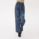wide leg loose casual vintage zipper fly closure fashionable full length belted and ripped women light blue jeans