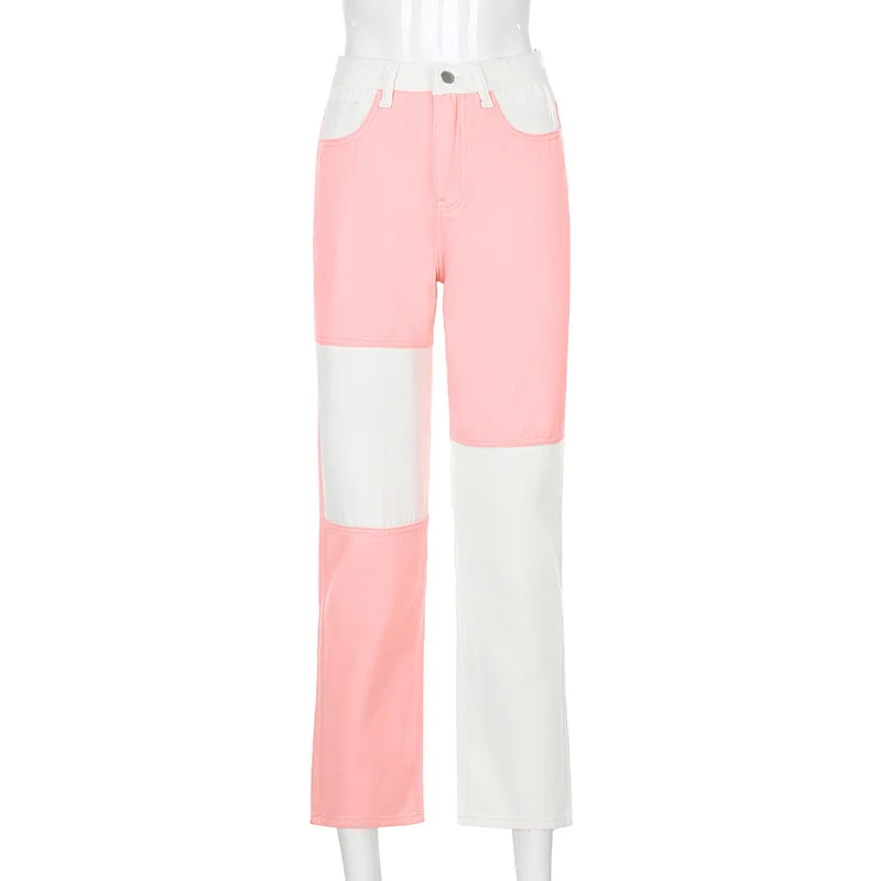 Hot Sale Mom Fit Patchwork Pants Straight Leg Denim Jeans for Woman