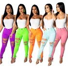 Real shot women solid color Slim stretch high waist jeans wild torn edge denim pencil pants