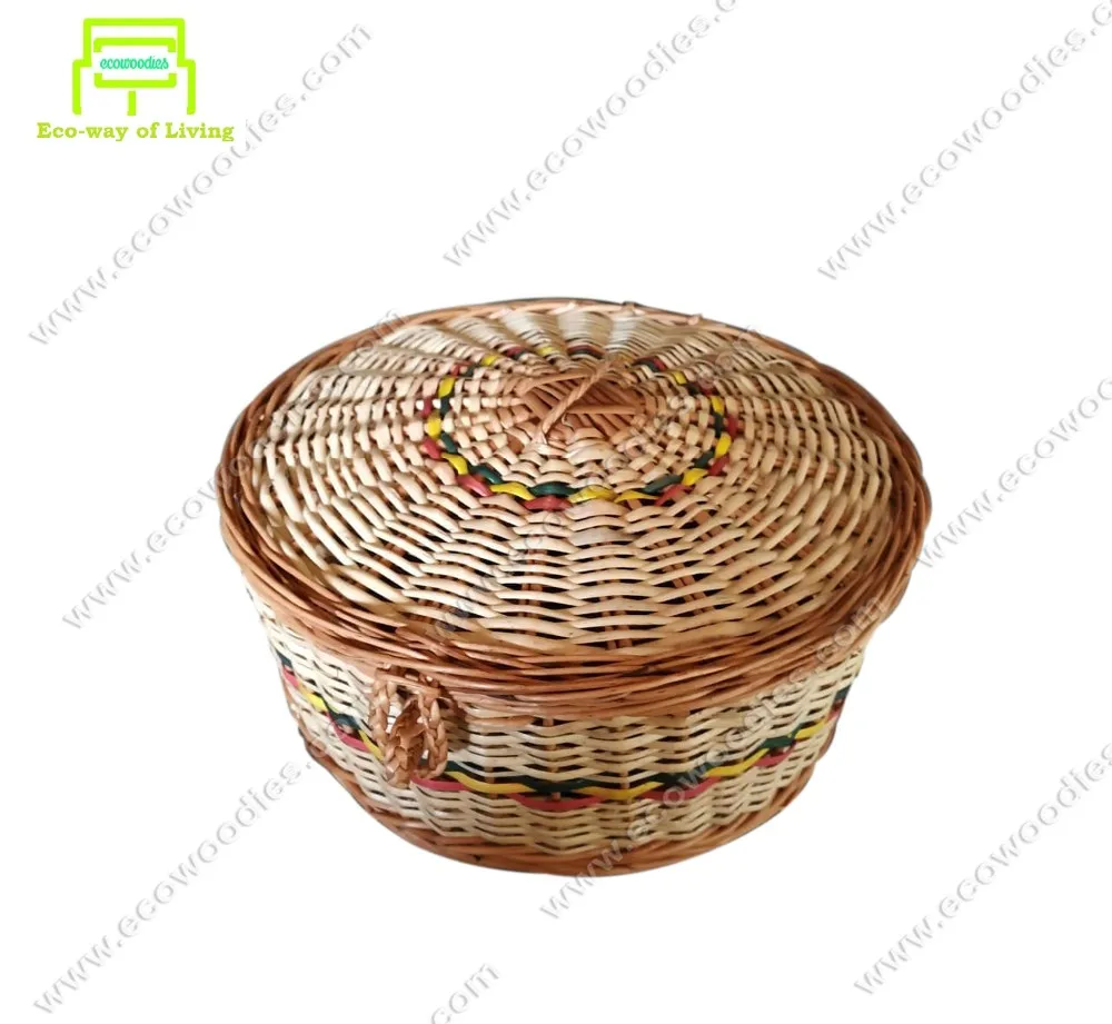 round bamboo rattan wicker bread basket with lid storage box