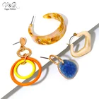 Gold Hoop Earring V R Gold Plated Metal Studded Hoop Drop Dangle Earring Resin Acetate Chunky Hoop Clip Earring Set