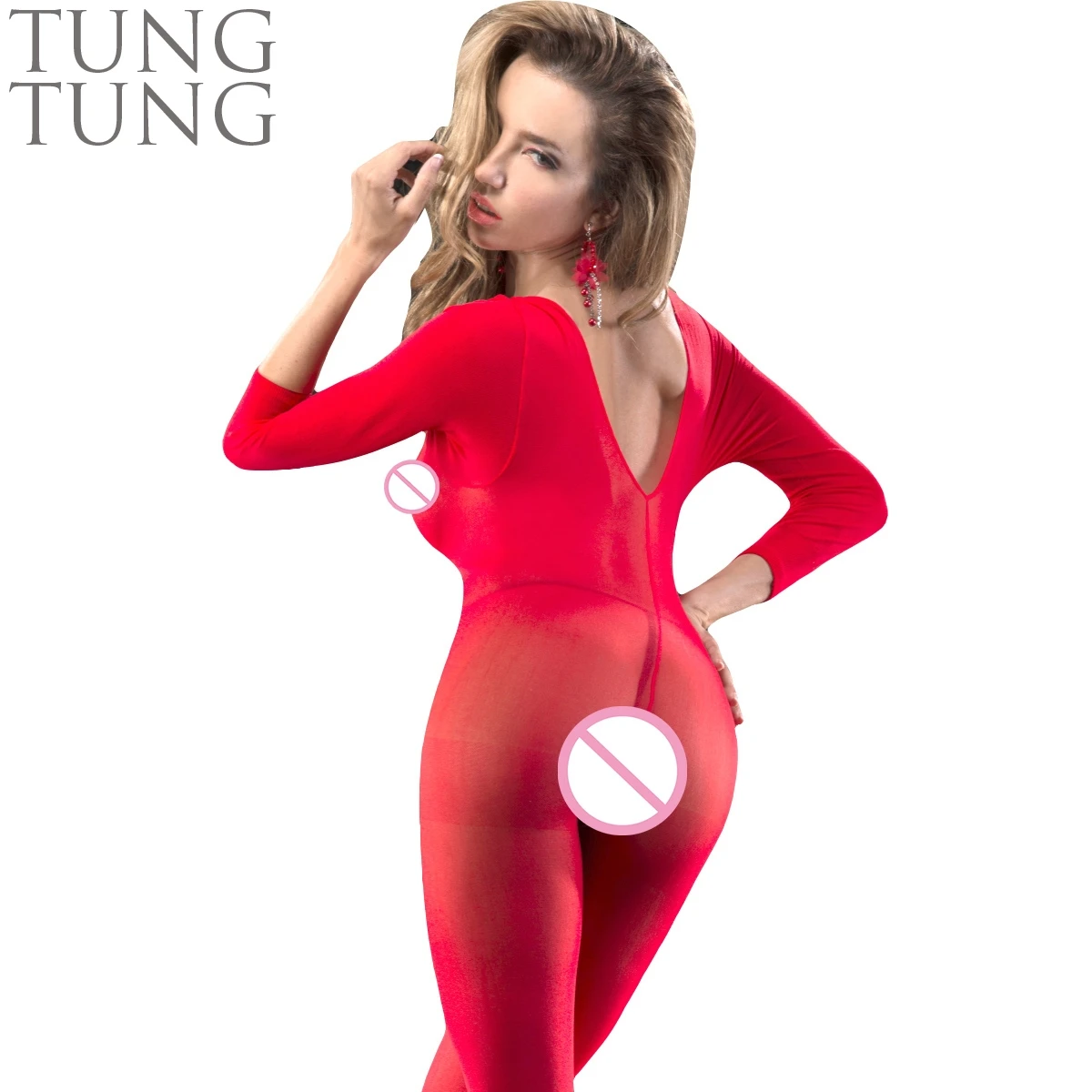 Amazon Bright Red Long Sleeve Deep V Opaque Bodystocking Hot Sell