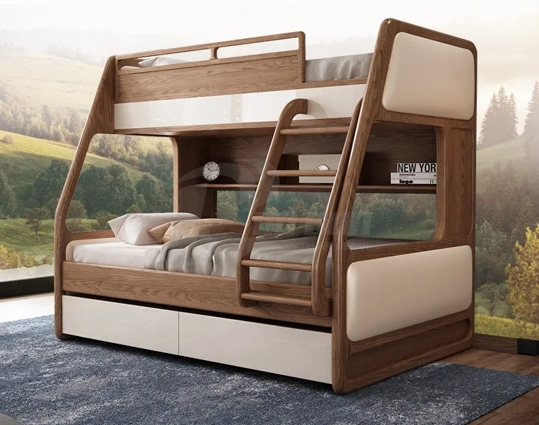 popular elegant solid wood bunk bed with walnut finishing for