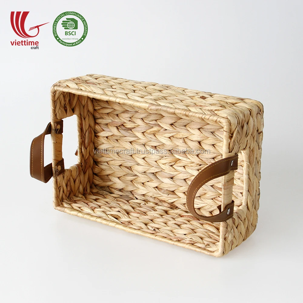 water hyacinth basket tray with leather handles/handicraft