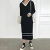 Wholesale winter thick preppy style knitted streetwear women chunky cable knit long striped hooded sweater dress
