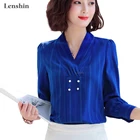 Lenshin V-neck Collar Shirts for Women Striped Blouse Work Wear Office Lady Female Tops Chemise Loose Fashion Style