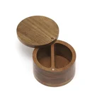 Acacia Wood Salt Box Tea Organizer Round Spice Storage Jar with Divider