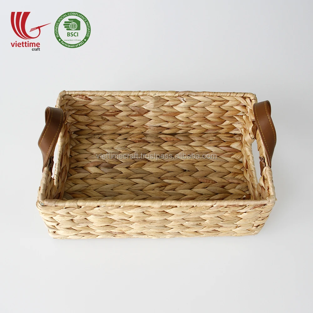 water hyacinth basket tray with leather handles wholesale made