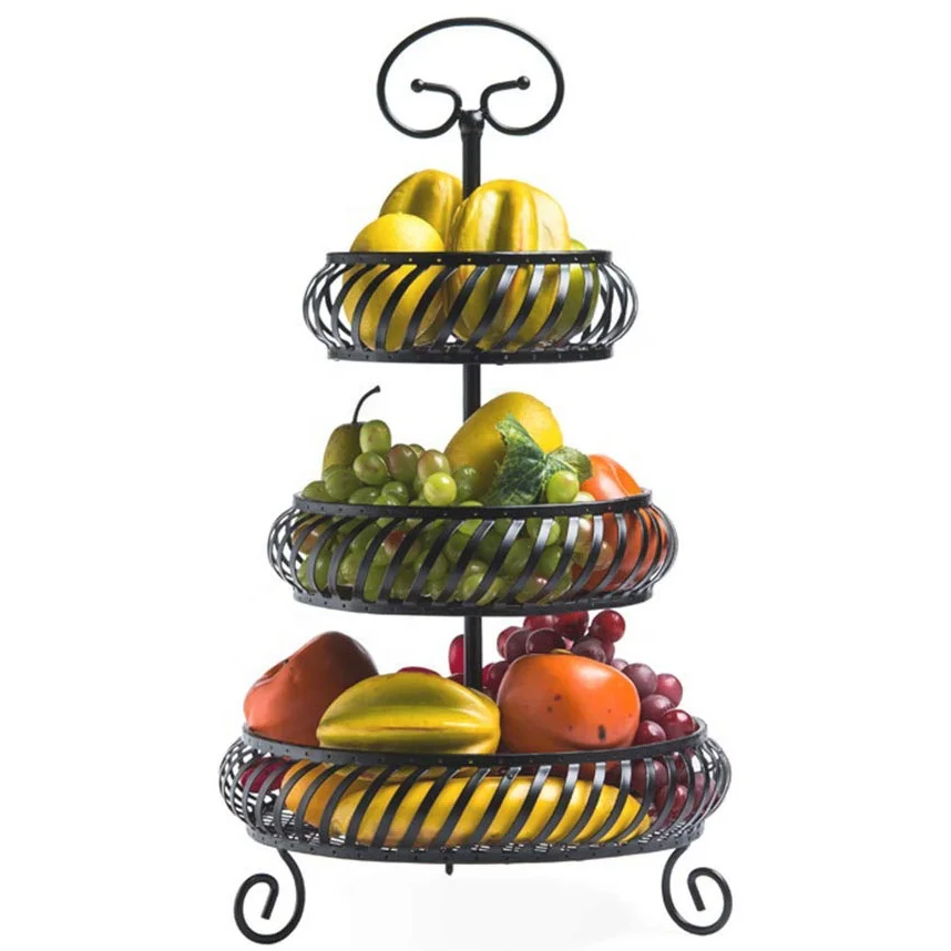 3 Tier Black Metal Fruit Baskets Stand Countertop Kitchen