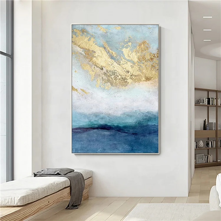 Moderno abstracto acrílico pintura azul blanco hoja de oro pintura sobre lienzo cuadros abstractos arte de la pared para la decoración de la casa