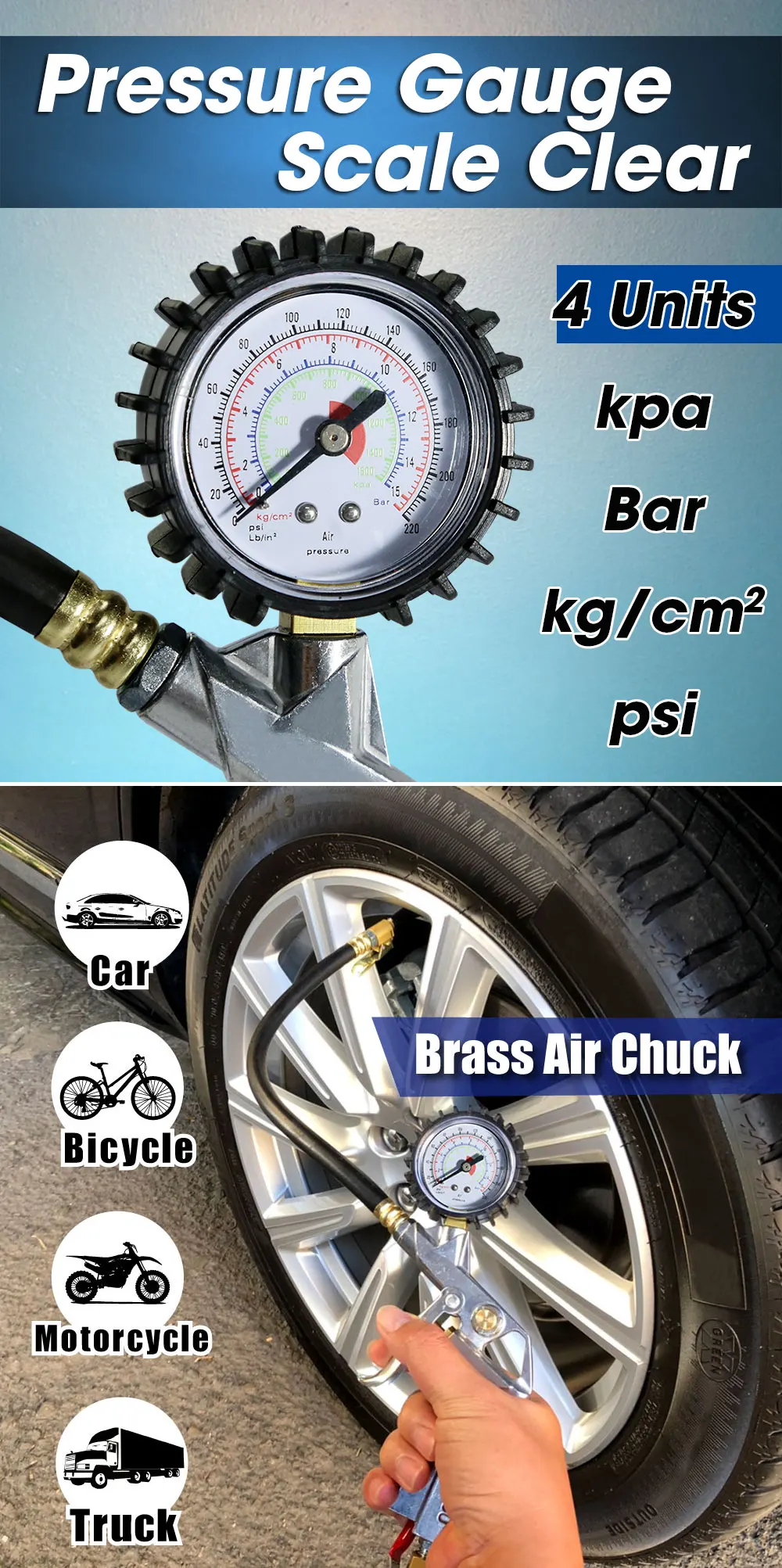 Taiwan Made Dial Pneumatic Inflator Pump Tire Pressure Gauge Deflator