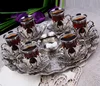 Tea Set of 6 Cups and Saucers with Sugar Bowl and Tray Silver Color Turkish Tea Set