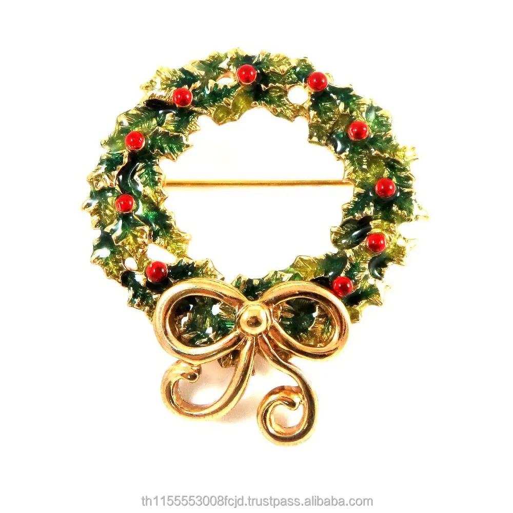 gold tone party christmas wreath green red enamel jewelry brooch