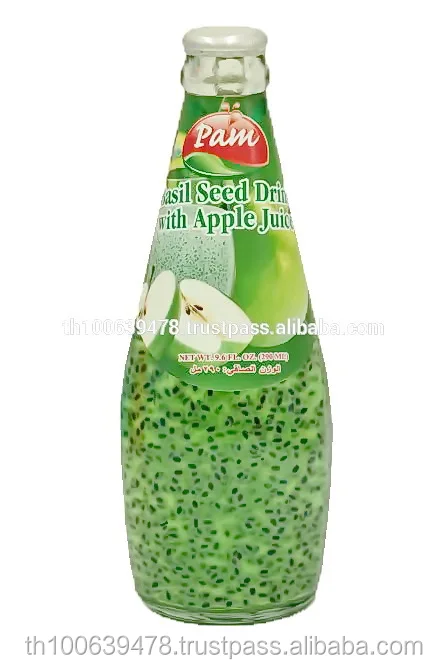 basil seed drink with apple juice in glass bottle