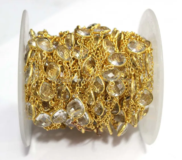 pear faceted bezel beaded gold plated 925 sterling silver chain