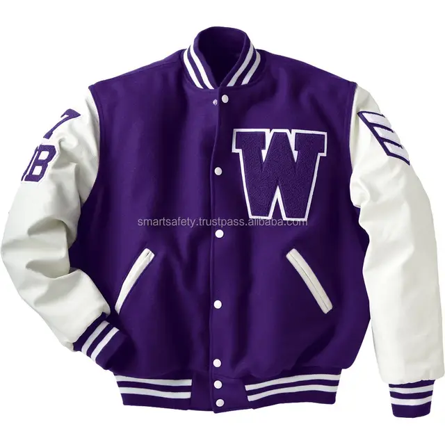 genuine leather sleeve letterman college varsity men purple wool