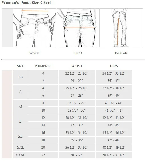 Ladies Pants Size Chart