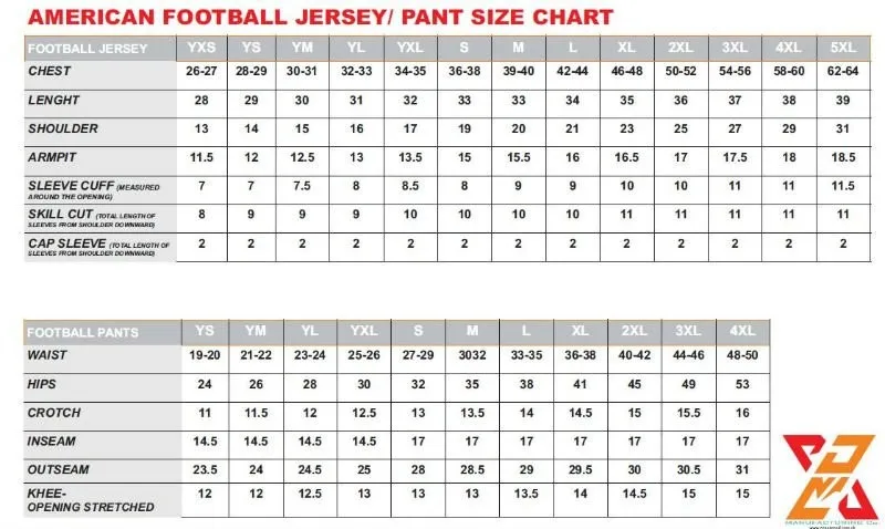 American Football Size Chart