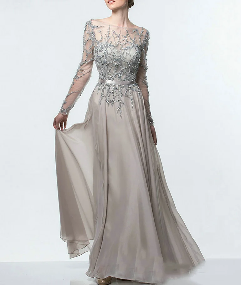 long-sleeved ornate beading evening gown