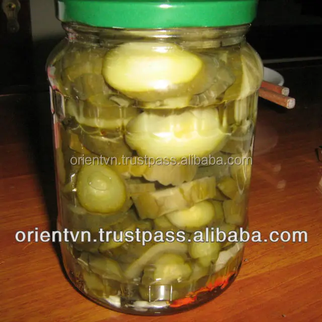 pickled cucumber slices in the glass jar