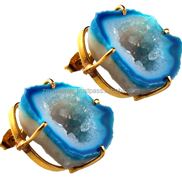 blue agate geode druzy gold plated stud earring