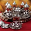 Tea Set of 6 Cups and Saucers with Tray Silver Color Turkish Tea Set