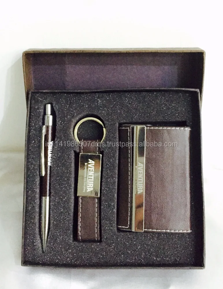 boxed pu business name card holder keychain & pen set