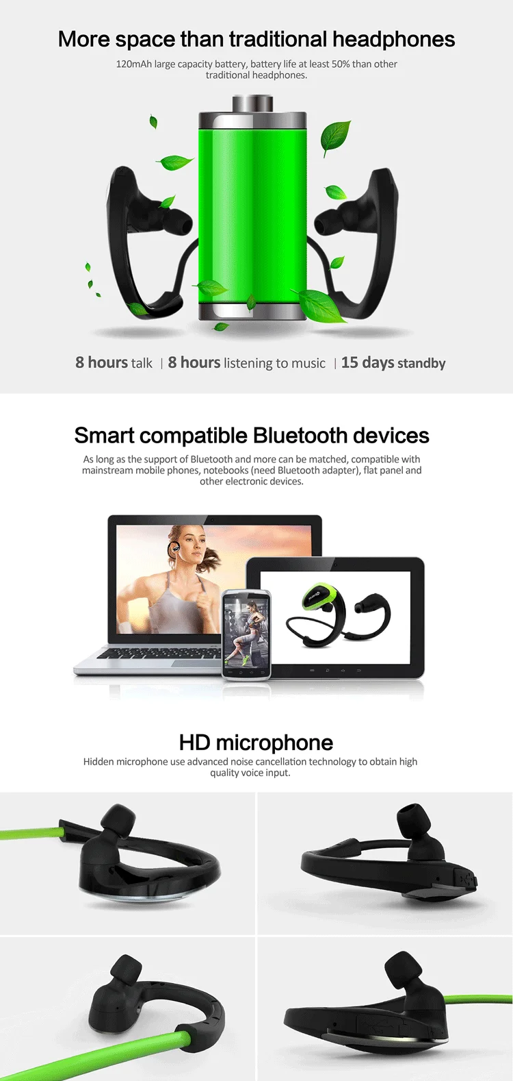 Strong stretch nitinol CSR8635 chipset earbuds/headphones/earphones with 120Mah Li-battery - ANKUX.COM