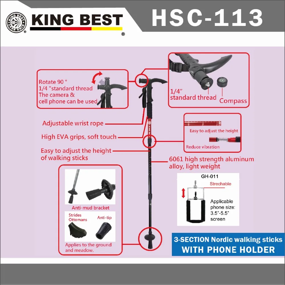 キング最高新とホット製品カーボントレッキングポール3セクションが含まれている電話ホルダー登山スティック仕入れ・メーカー・工場