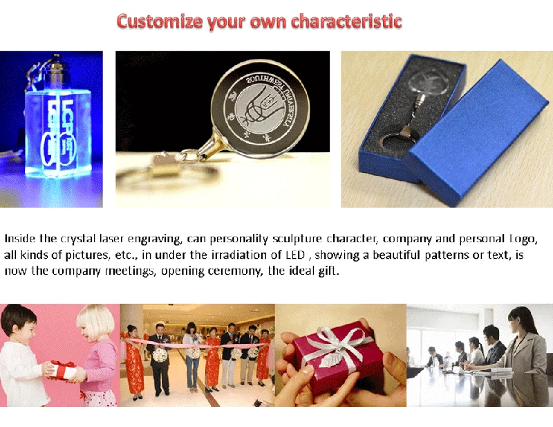 3D Laser Engraving Glass Keyring Transparent Led Crystal Keychain