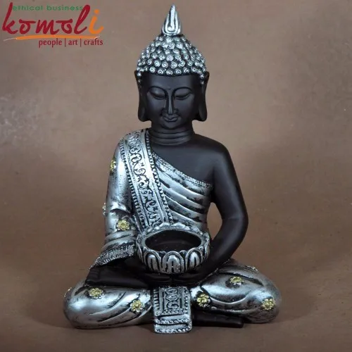 MeditatingBuddhaSilverAdornsWithCrown11Inches-500x500