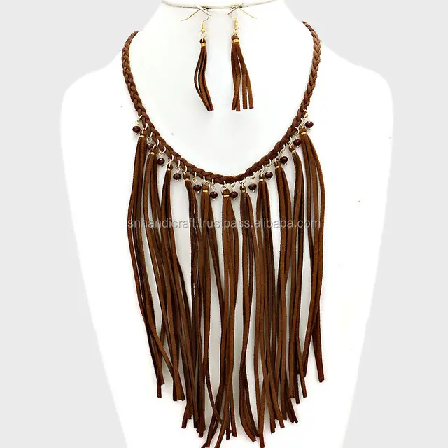 tassel fringe faux suede bib collar choker necklace earrings