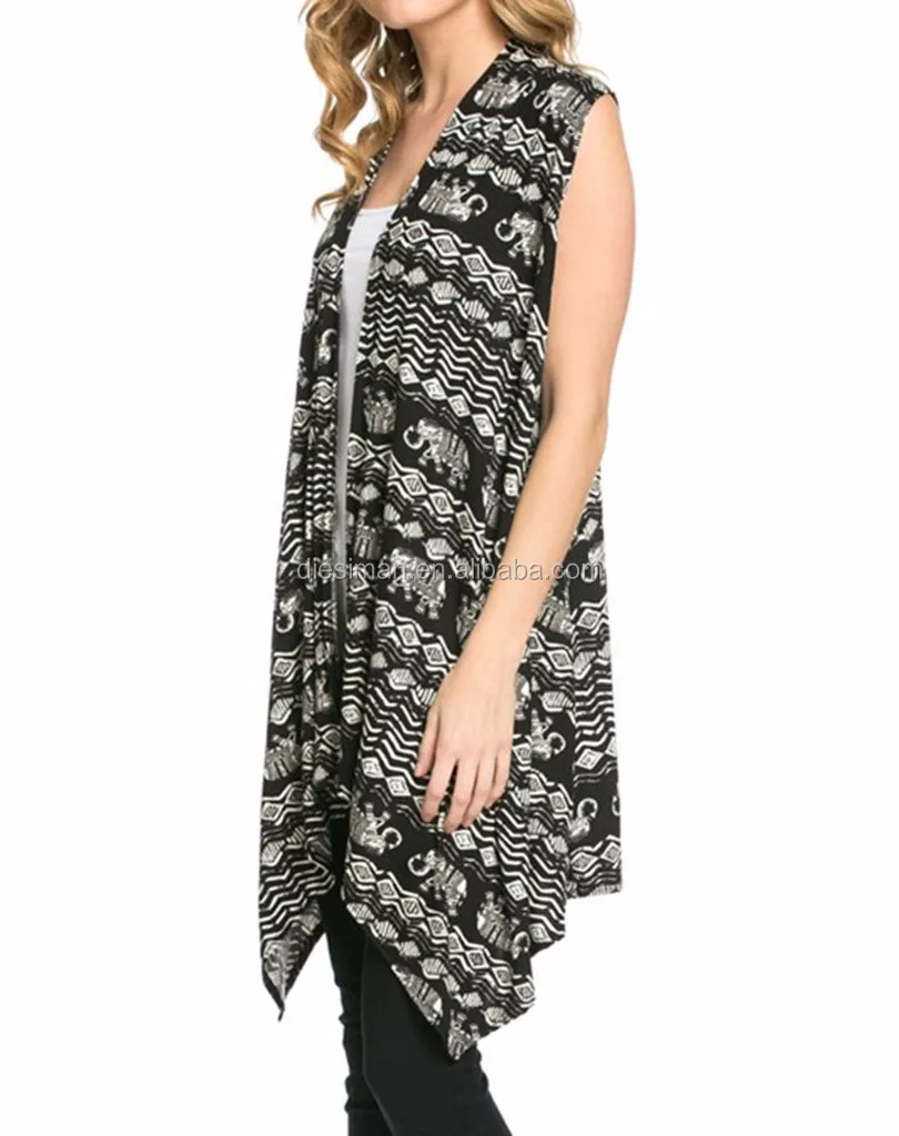 Sleeveless Asymmetric Hem Open Front Floral Zig Zag Latest Fashion Ladies Wholesale Cardigan