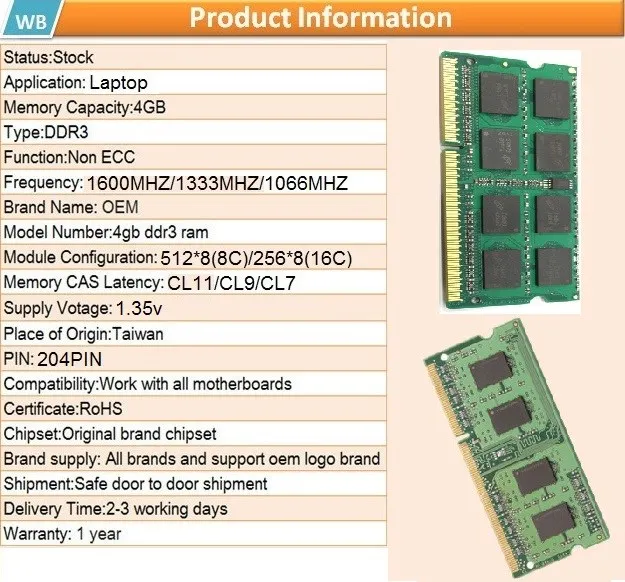 Laptop Memory DDR3 1600mhz 1333mhz 1066mhz 4GB 1.35v Ram 01