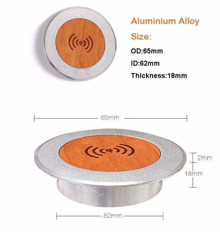 furniture embedded wood+aluminium alloy QI certified colorful wireless charging pad