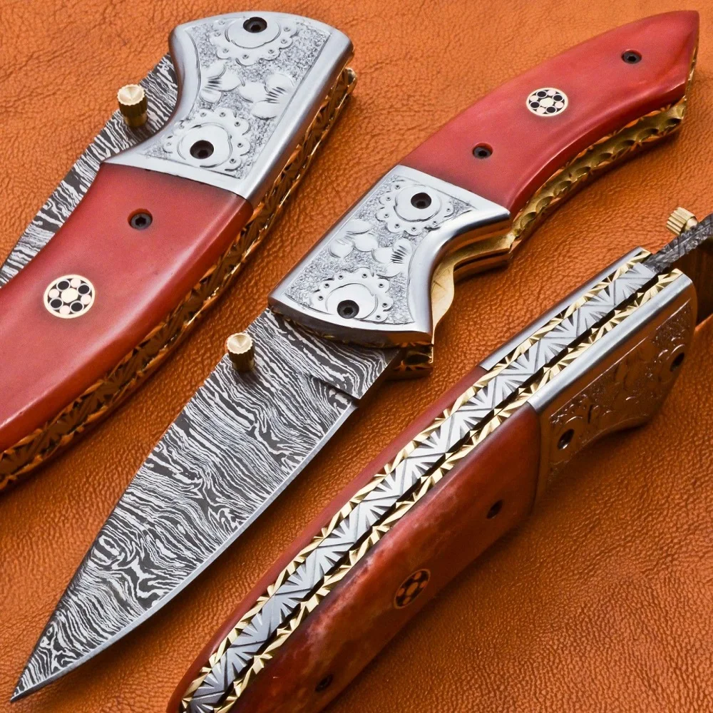 محفورة مخصص اليدوية دمشق الصلب للطي سكين "الملونة سكينة ذات مقبض عظمي