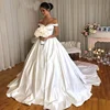 Simple Elegant A Line Satin Wedding Dress 2019 Off Shoulder Chapel Train Bride Dress Long Plus Size Vestidos de novia