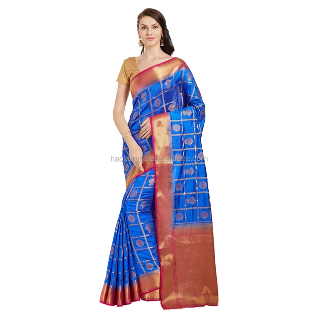 bridal wear royal blue colored banarasi art silk saree