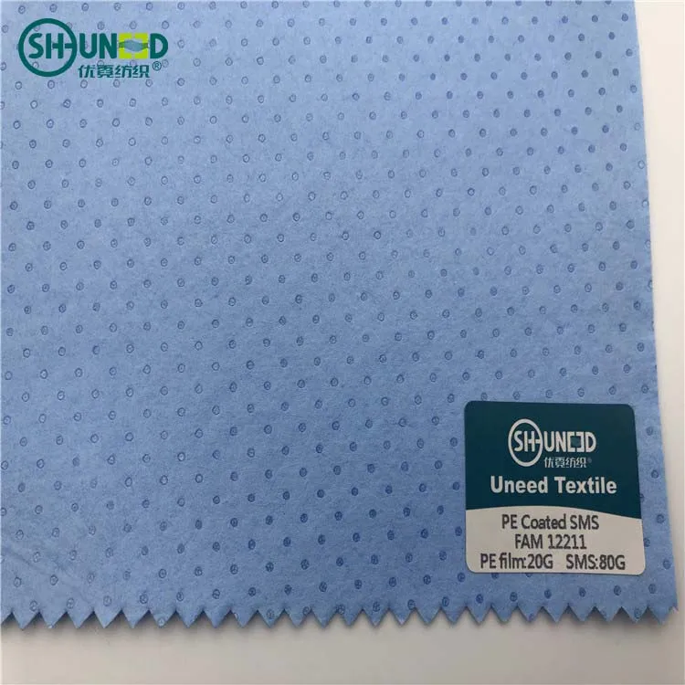 Heavy weight Blue Spunbond+Melt blown+Spunbond SMS non-woven fabric for medical bed sheet 20G PE with 80G SMS spunbond