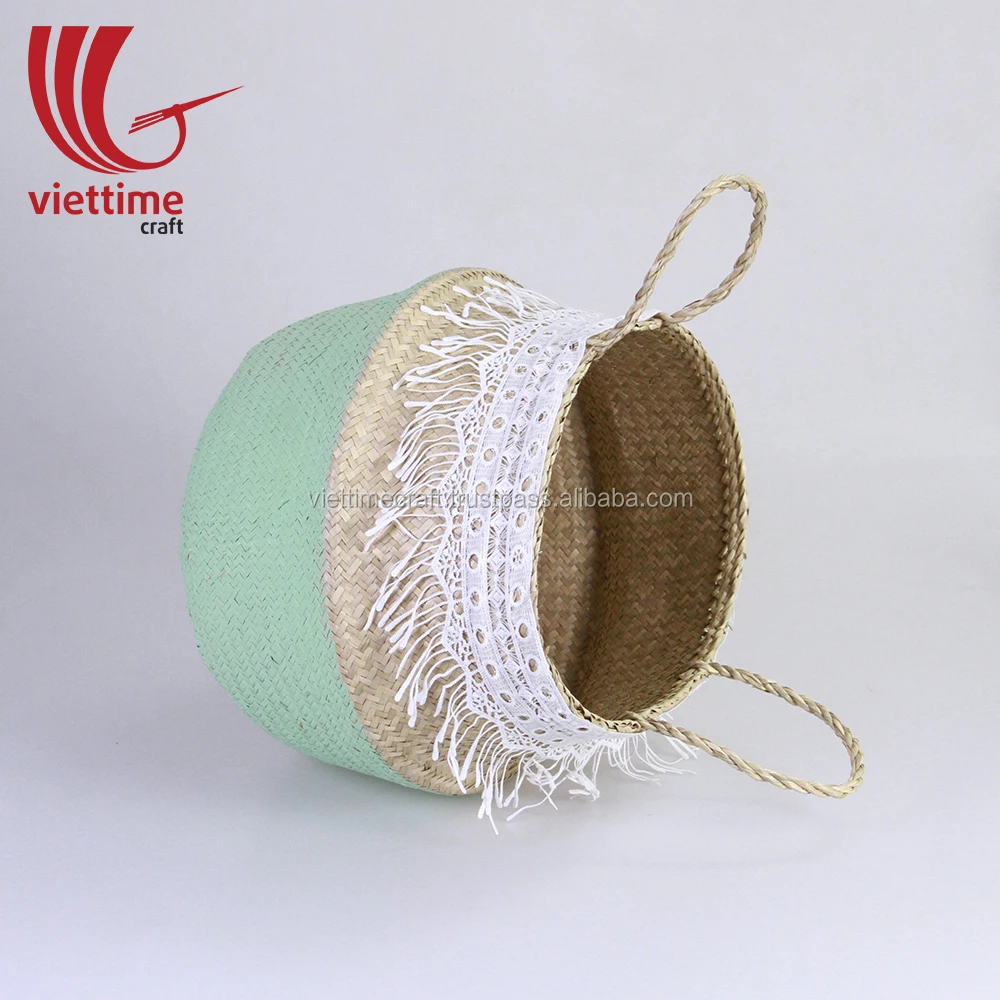 half color foldable seagrass belly basket, seagrass laundry
