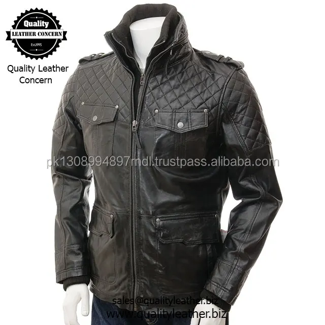 a superb black quilted leather jacket with a rib knit collar