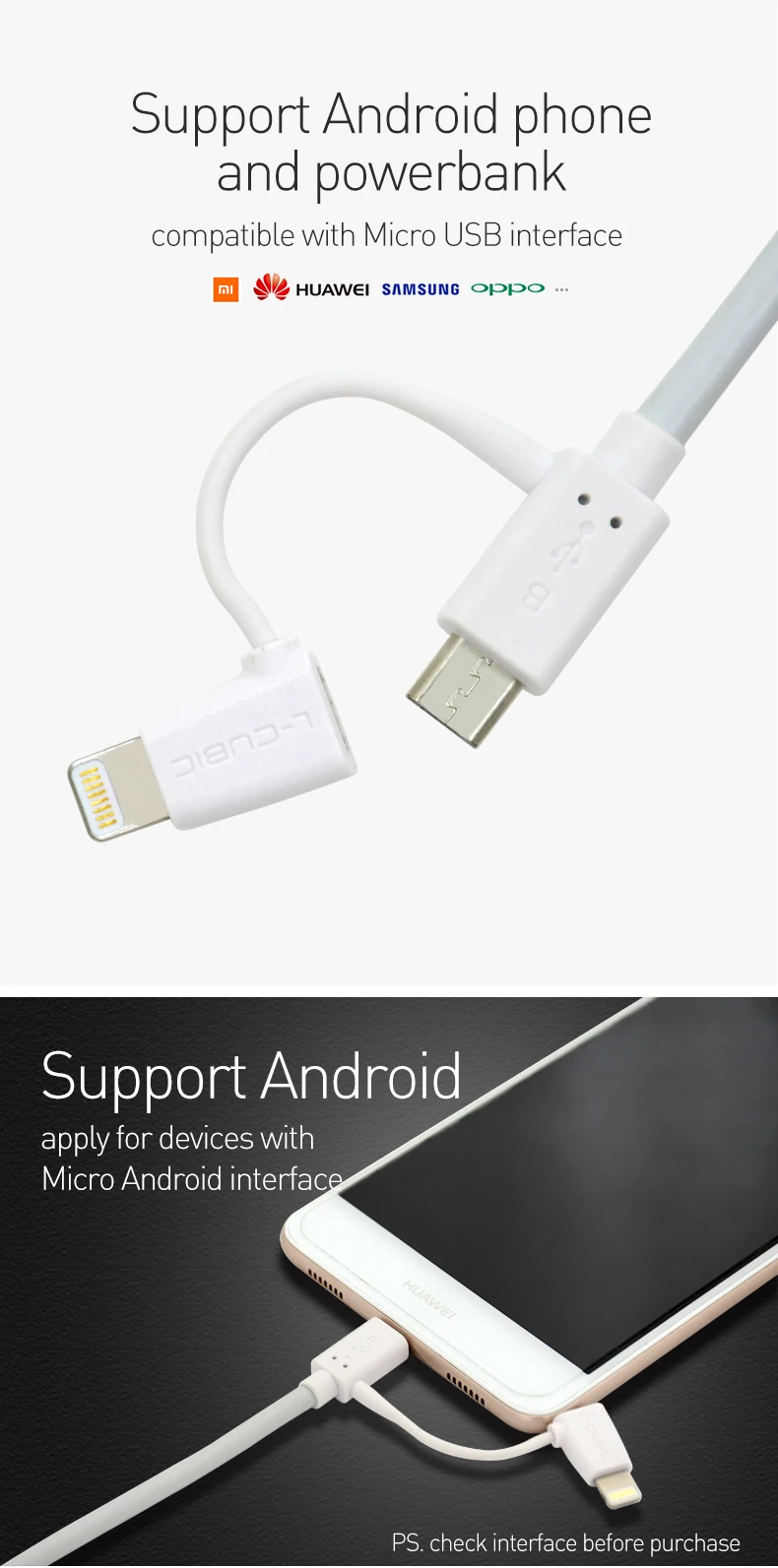 L-CUBIC Wholesale universial mobile data cable 2 in 1 charging data micro usb cable for iphone android phone - ANKUX.COM