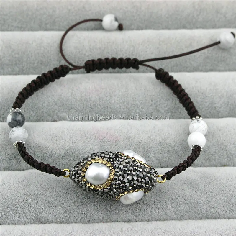CH-JST0771 wholesale rhinstone pearl connector bracelet,handmade macrame stone charm bracelet ,braided bracelet fashion
