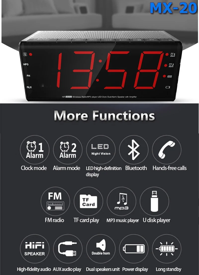MX-20 Multi-function Digital Alarm Clock BT Speaker LCD Display FM Radio Support TF card U Disk Hands-free - ANKUX.COM