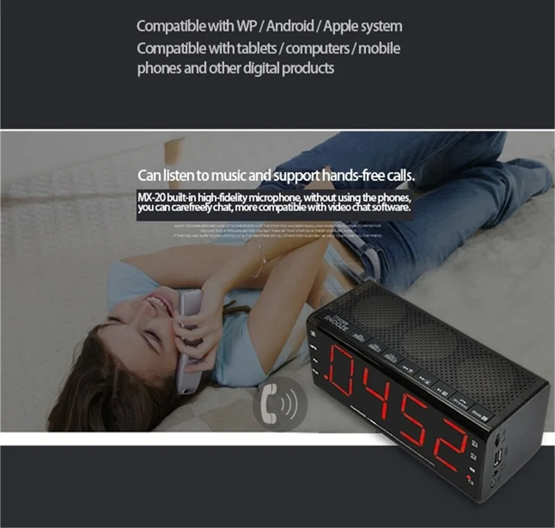 MX-20 Multi-function Digital Alarm Clock BT Speaker LCD Display FM Radio Support TF card U Disk Hands-free - ANKUX.COM