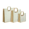 Wooden Square Shape Cane Handle White Natural Combination PP Laminated Jute Market Bag