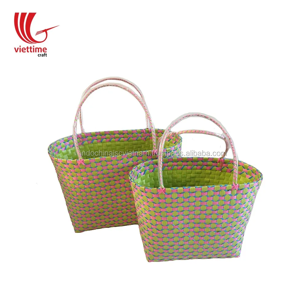 patterned plastic woven bag/tote shopping bag with plain handle